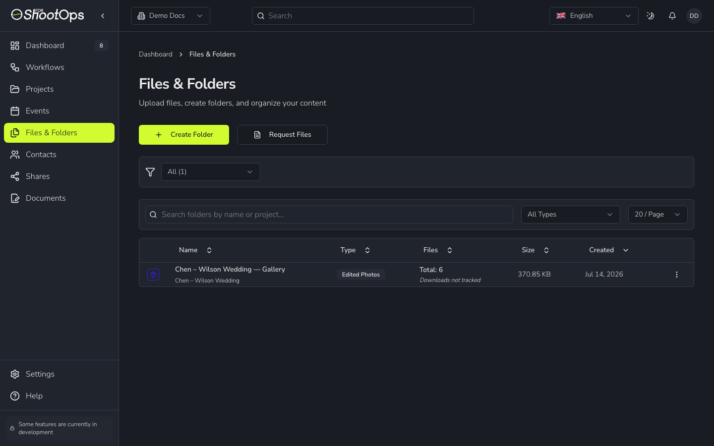 The Files & Folders screen