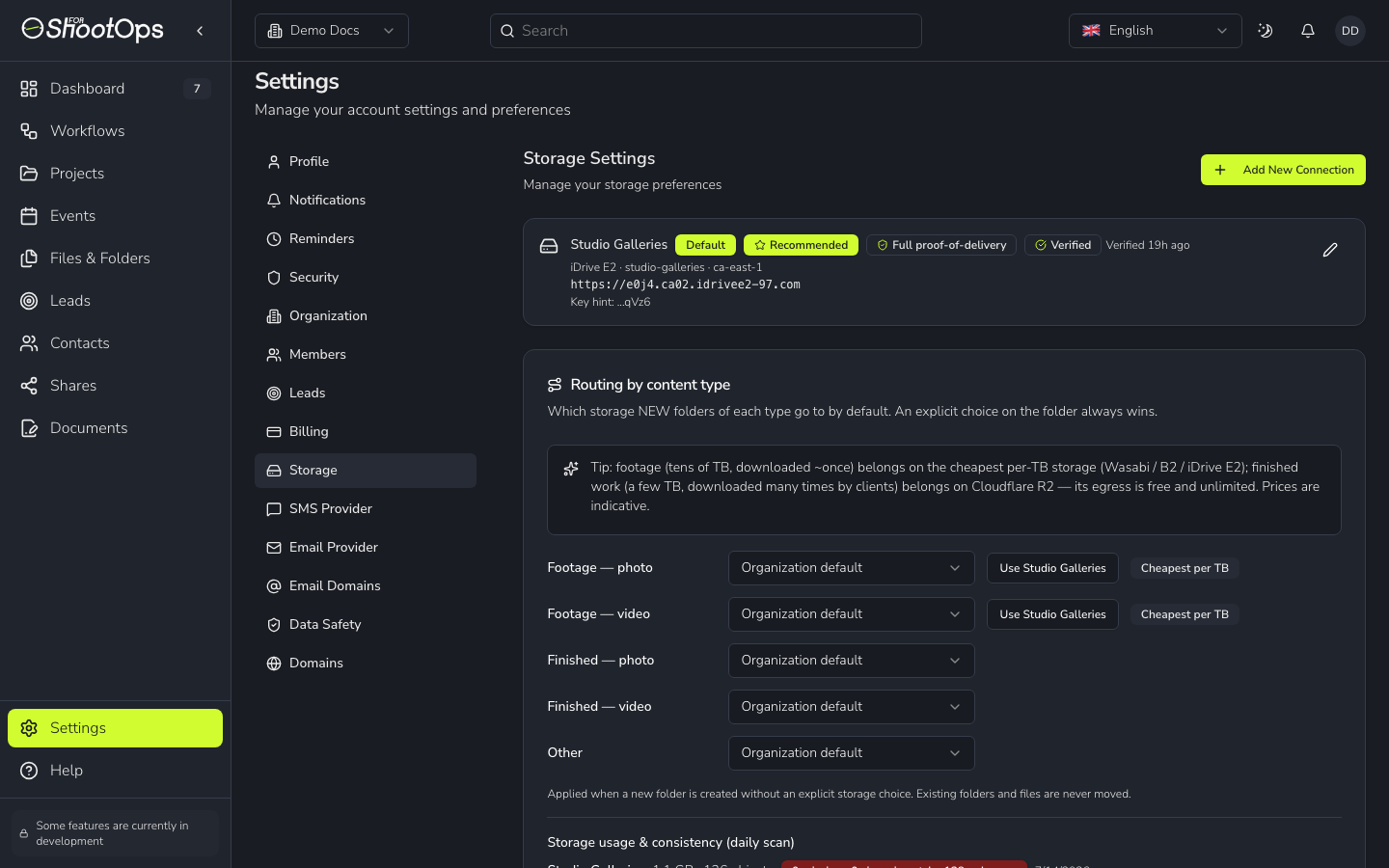Storage settings page with the Add New Connection button