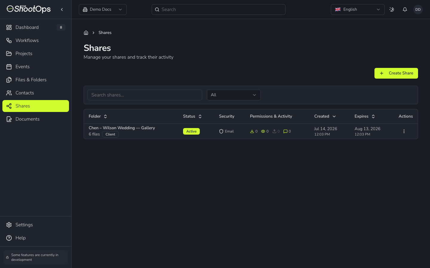 The Shares screen listing an active client share